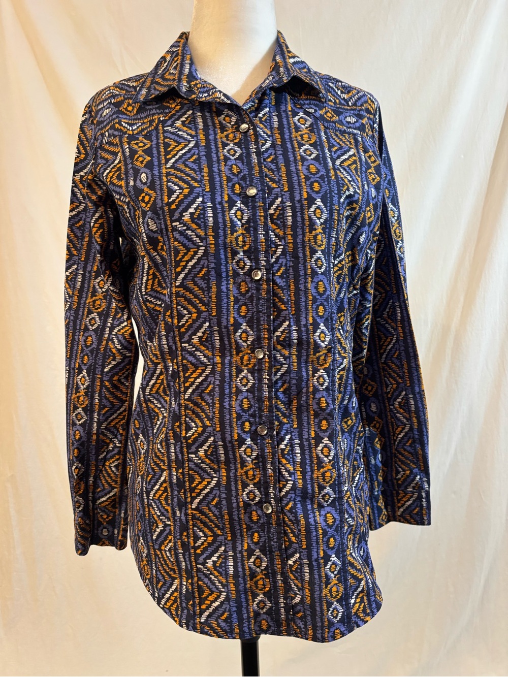Cruel Girls XXL 14 16 Western Rodeo Shirt Aztec Print Pearl Snap Blue Orange